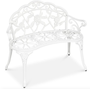 Steel Garden Bench Outdoor Patio Furniture w/ Floral Rose Accent - 39in. White, May Be Missing Hardware