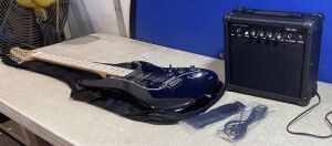 Black Stratocaster Style Guitar and Small Guitar Amp