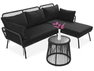 Rope Woven Sectional, L-Shape Sofa Set w/ Detachable Lounger, Table, Black, May Be Missing Hardware