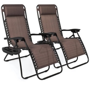 Set of 2 Adjustable Zero Gravity Patio Chair Recliners w/ Cup Holders, Brown