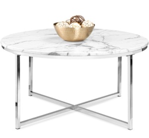 Round Coffee Table w/ Faux Marble Top, Metal Frame - 36in, Chrome