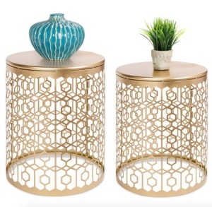 Set of 2 Decorative Round Side Accent Table Nightstands w/ Nesting Design