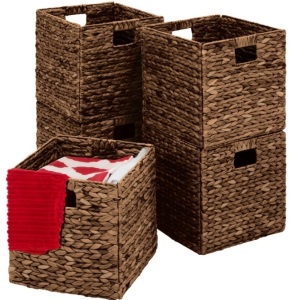 Set of 5 Collapsible Hyacinth Storage Baskets w/ Inserts - 12x12in, Espresso