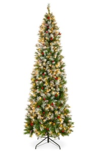 Pre-Lit Partially Flocked Spruce Pencil Tree w/ Berries, Pine Cones, 9ft