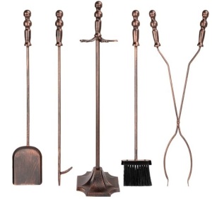 l5-Piece Fireplace and Firepit Iron Tool Set w/ Tongs, Poker, Broom, Shovel, Stand - Copper