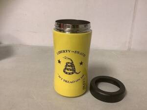 Can Cooler, Yellow, Liberty or Death, Sold As Is - Paint Peeled Off