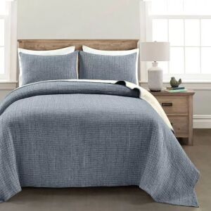 3-Piece Cotton Reversible Quilt Set - King Size, Navy/Off-White