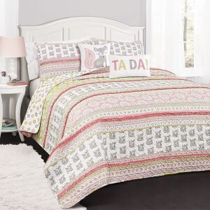 4-Piece Fox Ruffle Stripe Quilt Set - Twin Size, Pink/Gray