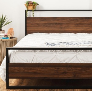 Metal Wood Platform Queen Bed Frame w/ Wooden Slats