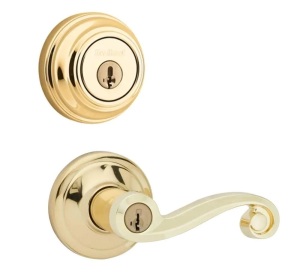 Kwikset Lido Polished Brass Exterior Entry Door Handle and Single Cylinder Deadbolt Combo Pack Featuring SmartKey Security