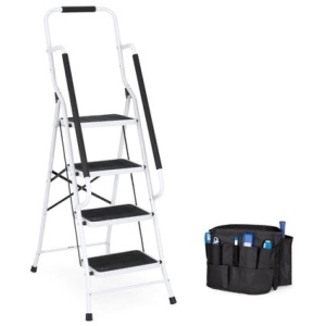 4-Step Portable Folding Ladder w/ Handrails, Attachable Tool Bag 