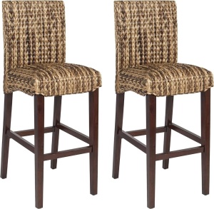 Set of 2 Indoor Outdoor Hand Woven Water Hyacinth Abaca Banana Leaf Bar Stools w/Mahogany Wood Frame for Bar Height, High-Top Table, Brown  