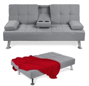 Linen Convertible Sofa Bed Futon w/ 2 Cupholders