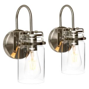 Set of 2 Industrial Metal Hardwire Wall Light Lamp Sconces w/ Clear Glass Jar Shade - Silver