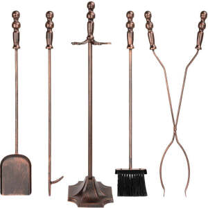 5-Piece Rustic Iron Indoor Outdoor Fireplace and Firepit Tool Set w/ Stand