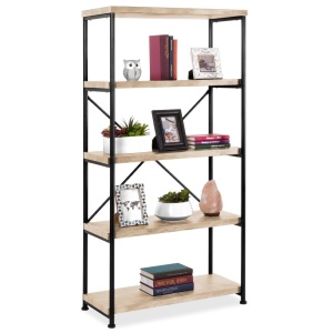 5-Tier Rustic Industrial Bookshelf Display Decor Accent w/ Metal Frame, Wood Shelves - Light Oak 