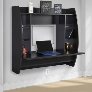 Lot of (3) Wall Mount Floating Computer Desks with Storage Shelves - Black