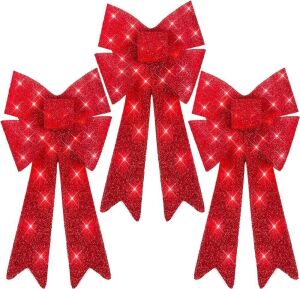 Set of 3 Pre-Lit Christmas Bows w/ 30 LED Lights, Outdoor Battery Box, Timer, 8 Light Functions - Red