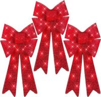 Set of 3 Pre-Lit Christmas Bows&nbsp;w/ 30 LED Lights, Outdoor Battery Box, Timer, 8 Light Functions - Red