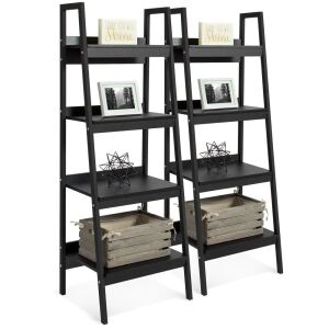 Set of 2 Wooden 4-Shelf Open Ladder Bookcases w/ Metal Framing - Black