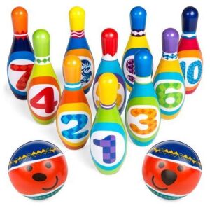 Kids Multicolor Soft Lightweight Foam Bowling Toy Set w/ 10 Numbered Pins, 2 Balls, Carrying Case