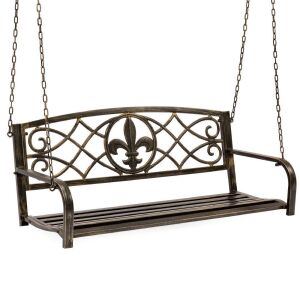 2-Person Outdoor Metal Hanging Swing Bench w/ Fleur-de-Lis Accents - Bronze