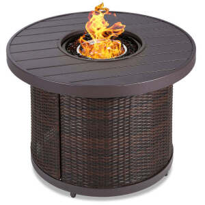 Round Fire Pit Table, 50,000 BTU Outdoor Wicker Firepit w/ Cover - 32in