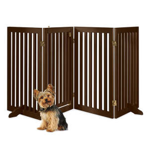 31.5in 4-Panel Freestanding Wooden Pet Gate w/ Door, Support Feet