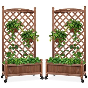 Set of 2 Wood Planter Box & Lattice Trellis w/ Optional Wheels - 48in