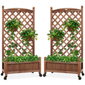 Set of 2 Wood Planter Box & Lattice Trellis w/ Optional Wheels - 48in