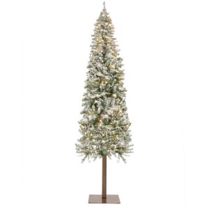 6' Pre-Lit Snow Flocked Alpine Slim Pencil Christmas Tree w/ LED Lights, Stand