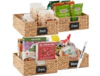 Set Of 4 16"X12" Woven Water Hyacinth Pantry Baskets W/ Chalkboard Label, Natural