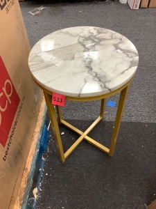 Round Coffee Side Table w/ Faux Marble Top, Metal Frame - 16in