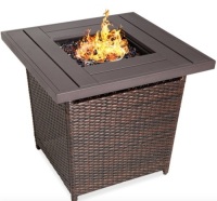 28in Fire Pit Table 50,000 BTU Wicker Propane w/ Faux Wood Tabletop, Cover, Brown, Missing Hardware