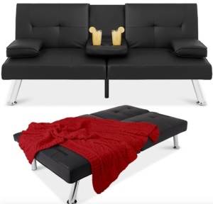 Faux Leather Upholstered Convertible Sofa Bed Futon w/ 2 Cupholders, Black, Missing Hardware