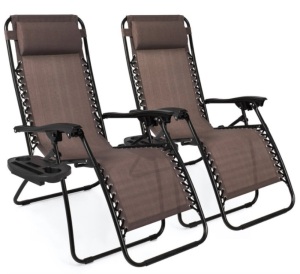 Set of 2 Adjustable Zero Gravity Patio Chair Recliners w/ Cup Holders, Brown