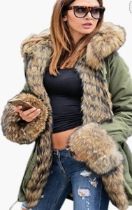 Aofur Womens Hooded Faux Fur Lined Parka, Green, Size M