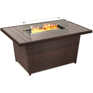 Wicker Propane Fire Pit Table, 50,000 BTU w/ Glass Wind Guard, Cover - 52in 