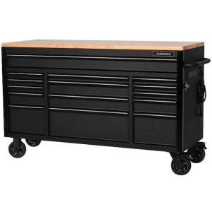 Husky 61" Heavy Duty 15-Drawer Mobile Workbench Tool Chest with Solid Wood Top in Matte Black 