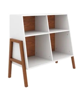 Nathan James Telos Glossy White and Brown 4-Cube Organizer Storage Cabinet with Open Shelves and Angled Design