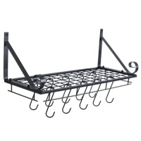 Kitchen Wall Pot Pan Rack Decorative Rectangle Cookware Storage Holder Organizer with 10 Hooks, Metal Black