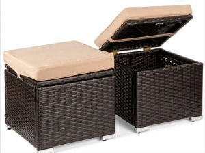 Set of 2 Wicker Ottomans, Multipurpose w/ Removable Cushions, Steel Frame, Brown/Beige