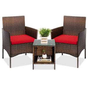 3-Piece Outdoor Patio Wicker Bistro Set w/ Side Storage Table