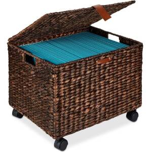 Mobile Water Hyacinth Rolling Filing Cabinet Storage Basket w/ Lid, Wheels