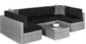 7-Piece Modular Wicker Sectional Conversation Set w/ 2 Pillows, Cover, Gray/Black