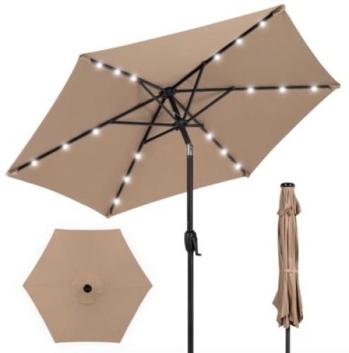 Outdoor Solar Patio Umbrella w/ Push Button Tilt, Crank Lift - 7.5ft, Tan