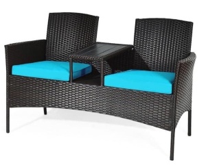 Wicker Patio Rattan Conversation Set with Turquoise Cushions, Missing Hardware, 