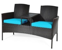 Wicker Patio Rattan Conversation Set with Turquoise&nbsp;Cushions, Missing Hardware,&nbsp;