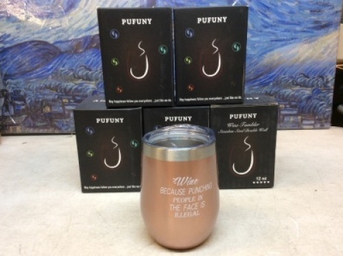 Lot of (5) Pufuny Wine Because Punching People In The Face is Illegal&nbsp;Rose Gold&nbsp;Wine Tumblers, 12 oz&nbsp;- New