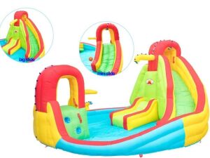 WELLFUNTIME Inflatable Water Park with Blower Dual Water Slide, Climbing Wall, Water Gun, Splash Pool, Lounge, Basketball Hoop and Big Slide 